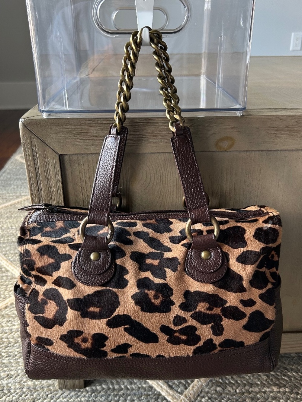 J.Crew Collection calf hair leopard print chain handle satchel